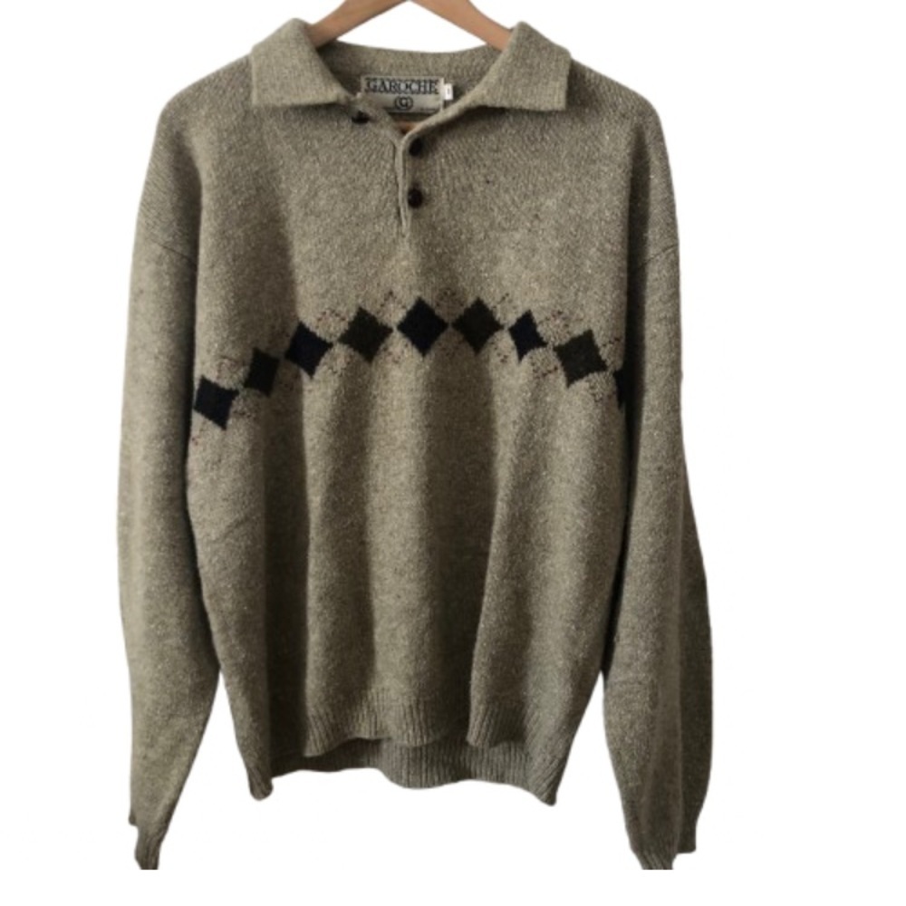 Garoche Vintage Men's Tan Argyle Quarter Botton Sweater Medium